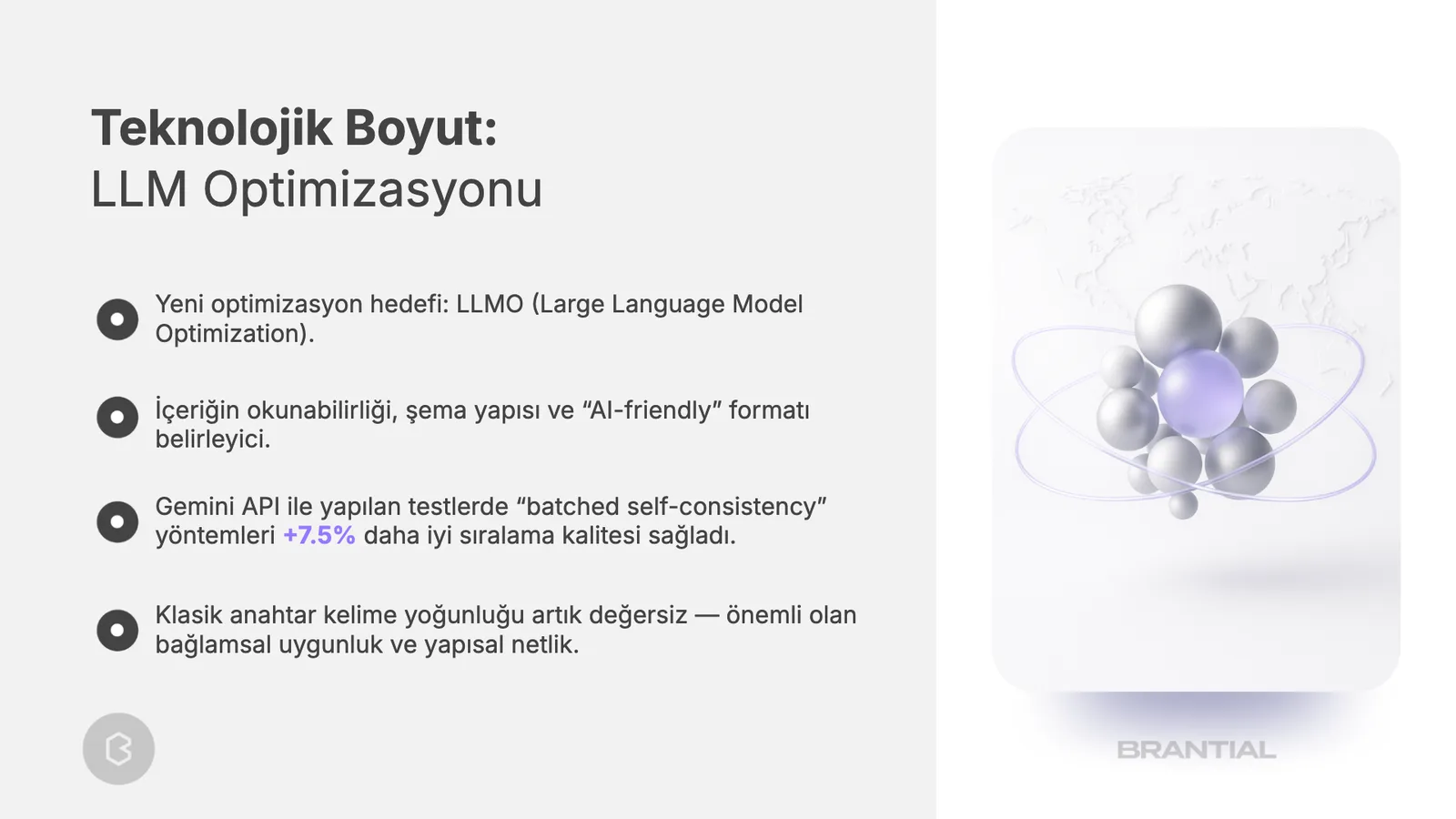 LLM Optimizasyonu başlığı, dört madde ve sağda küre illüstrasyonu.