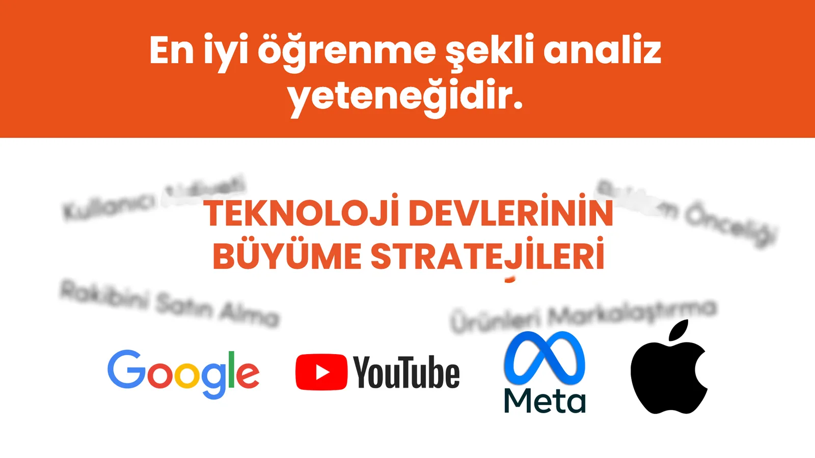Google, YouTube, Meta ve Apple logoları; arka planda strateji başlıkları.