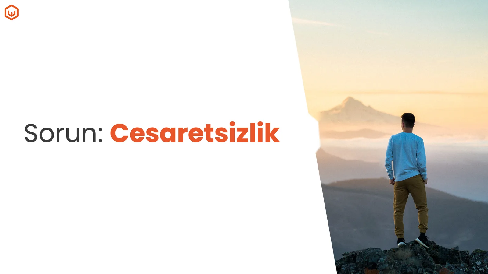 Dağ zirvesinde duran adam fotoğrafı; 'Sorun: Cesaretsizlik'.