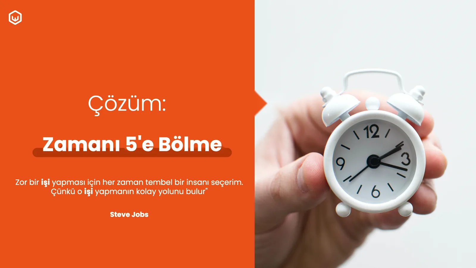 Aynı saat fotoğrafı; 5'e Bölme başlığı ve Steve Jobs alıntısı.