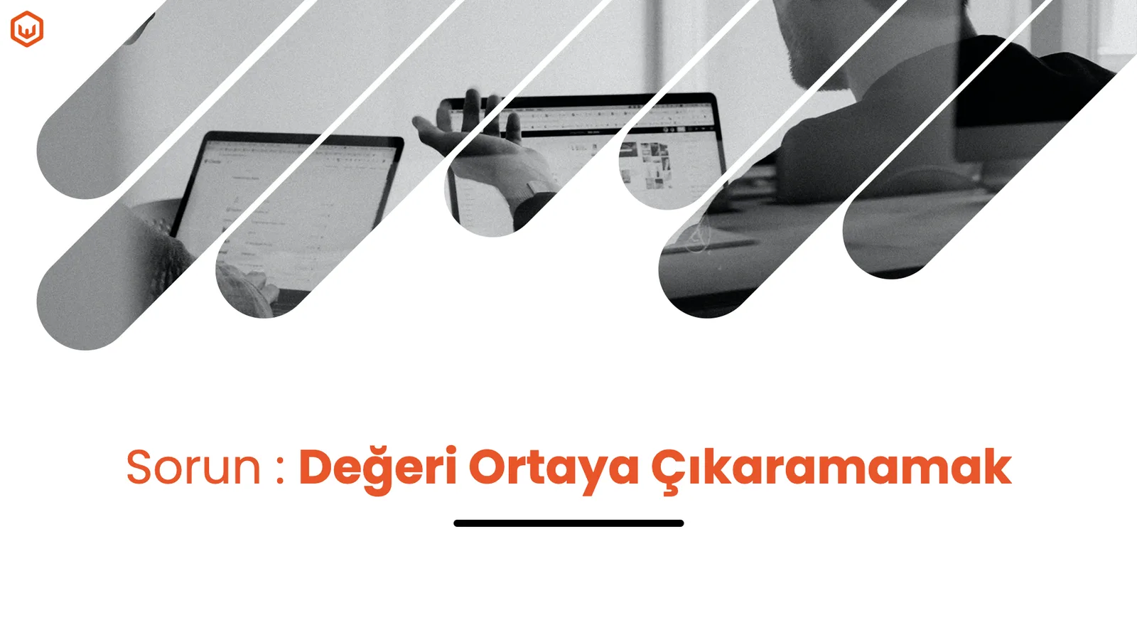 Dizüstü bilgisayarlarda çalışan eller fotoğrafı; sorun başlığı.