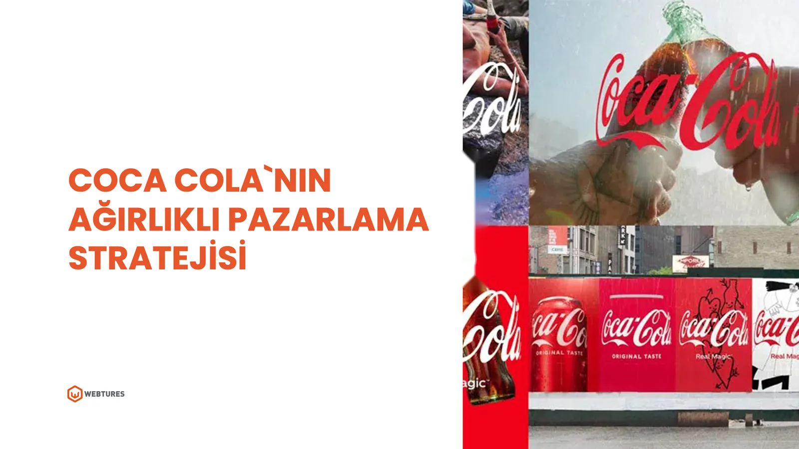 Coca-Cola reklam görselleri kolajı.