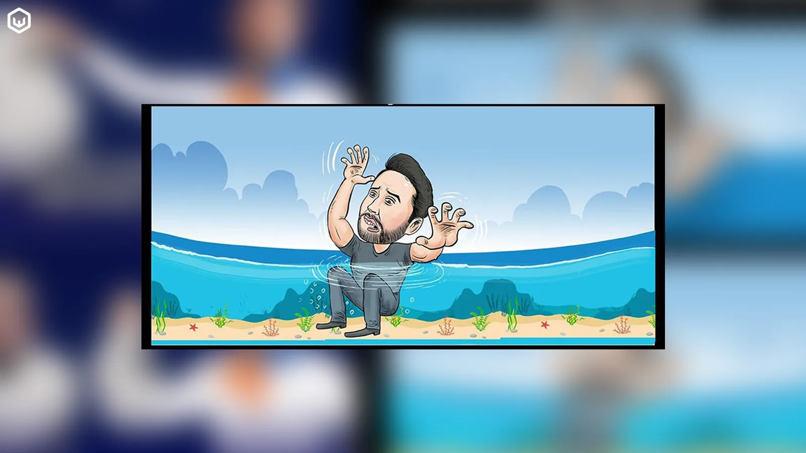 Karikatür: kişi sığ suda ayakta, su diz boyu.