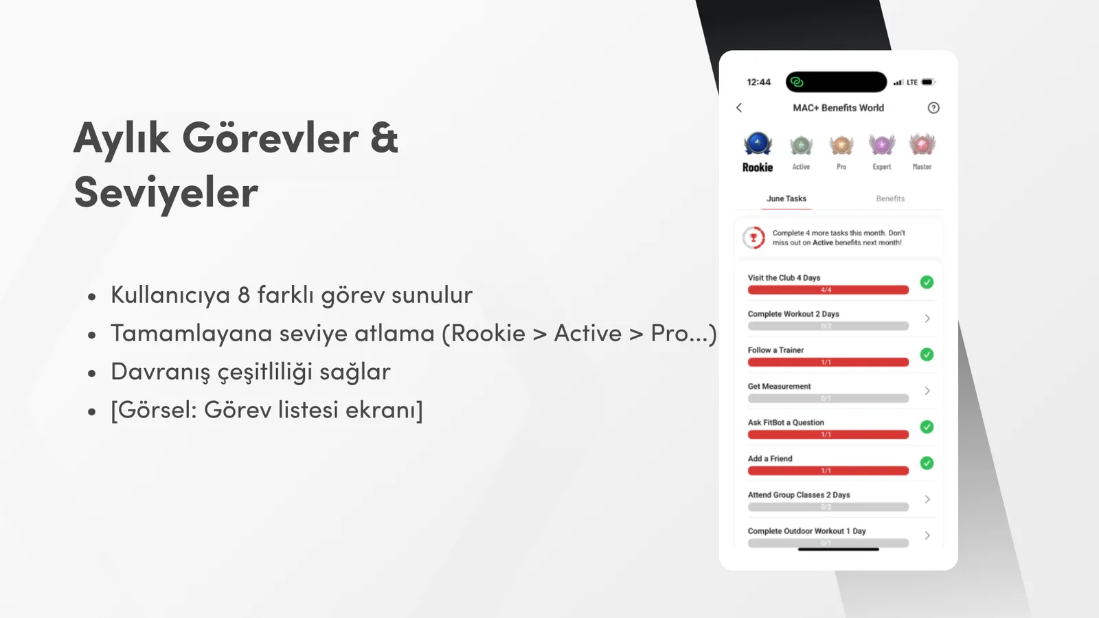 Uygulamanın görev listesi ekranı: Rookie, Active, Pro, Expert, Master seviyeleri ve aylık görevler.