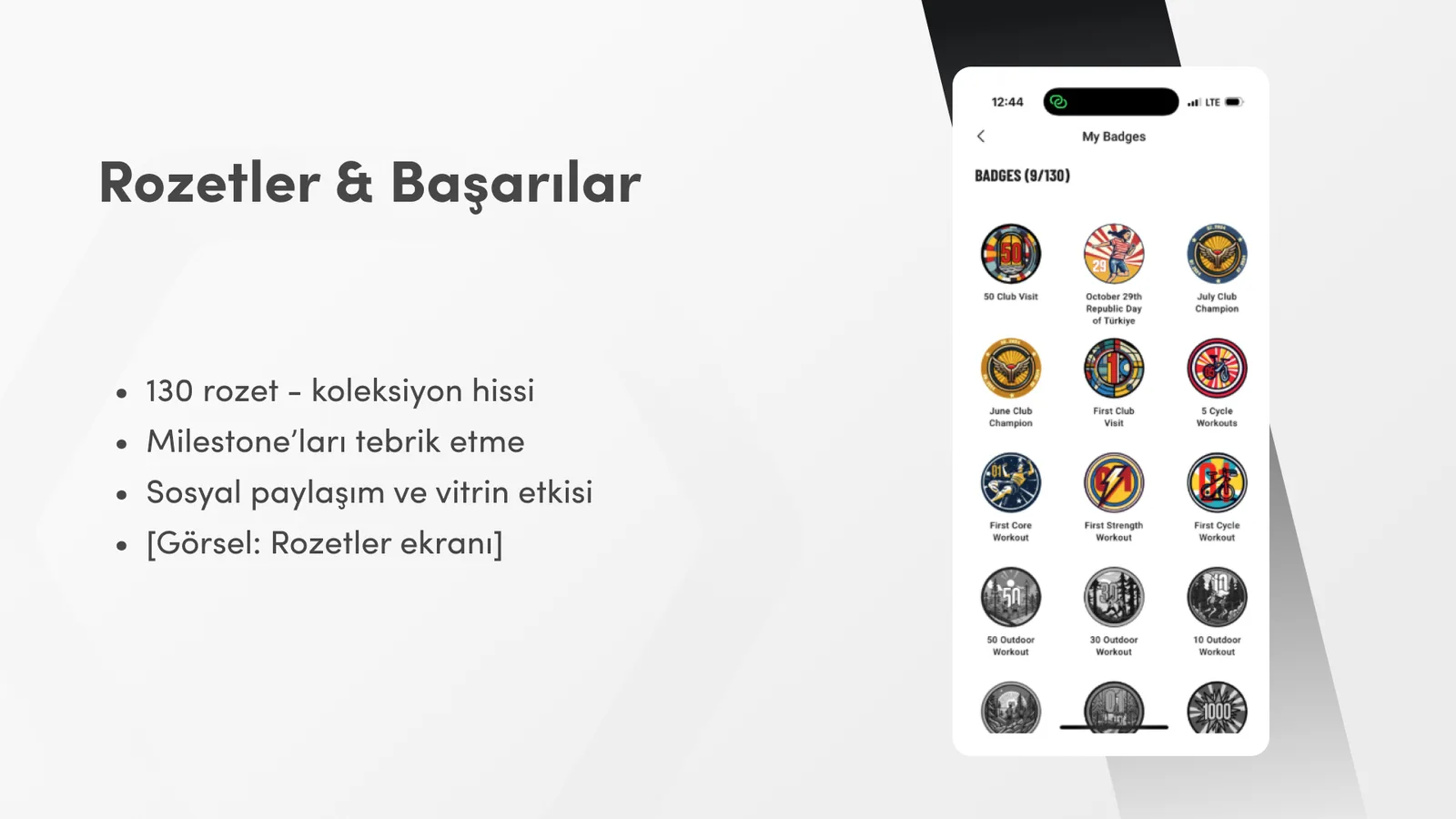 Uygulamanın rozet ekranı: 130 rozetin 9'u kazanılmış durumda.