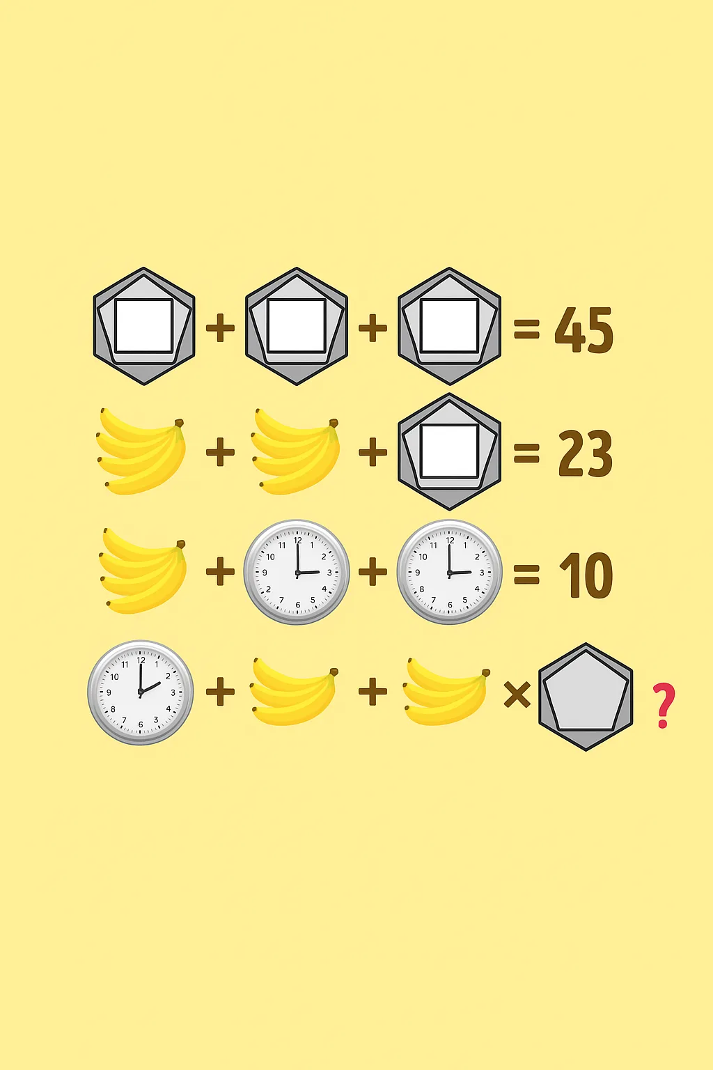 Sarı zeminli görsel bulmaca: kalkan, muz ve saat sembolleriyle kurulmuş dört satırlık denklem.