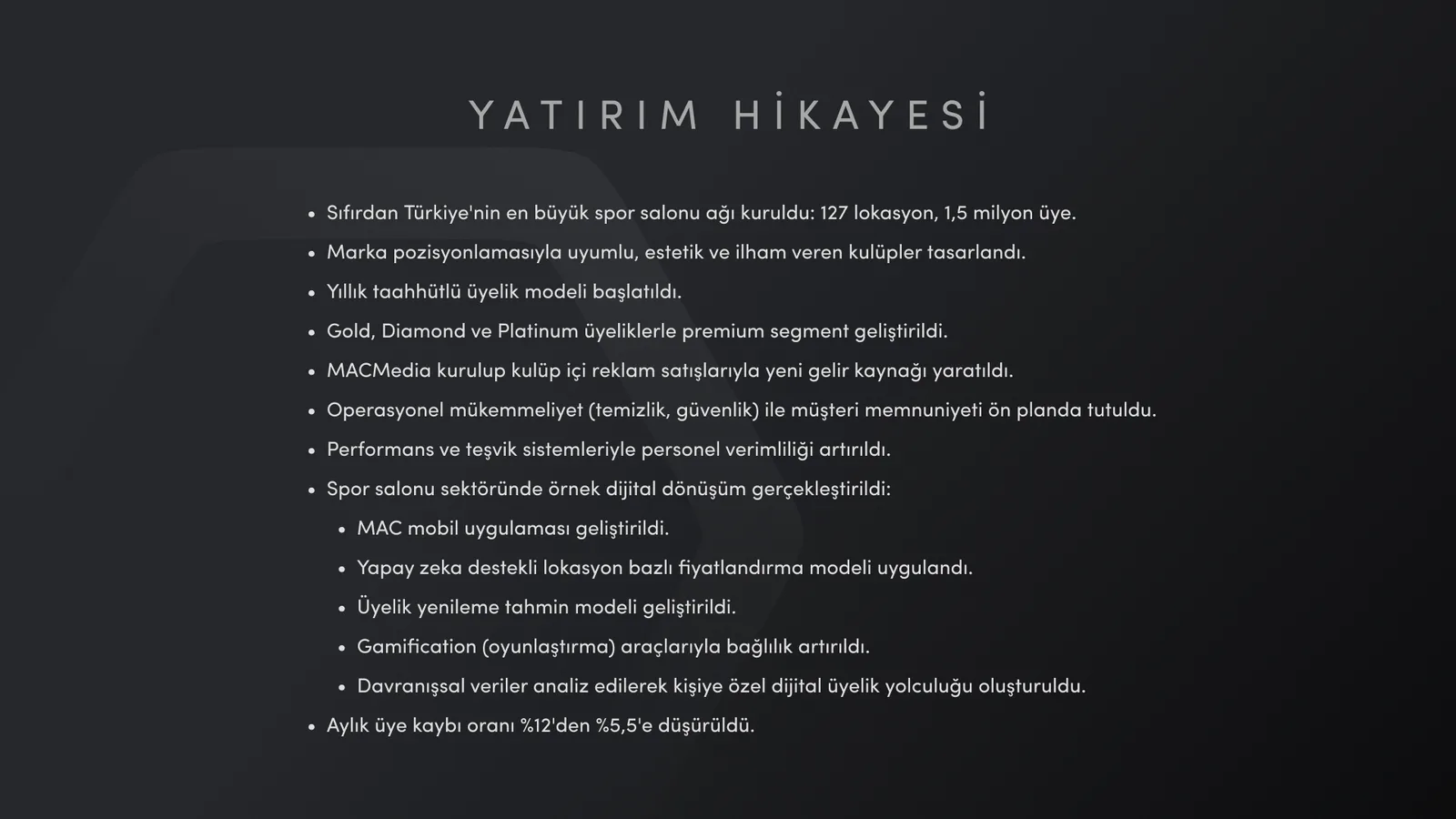 Koyu zeminde yatırım hikâyesini madde madde anlatan slayt.