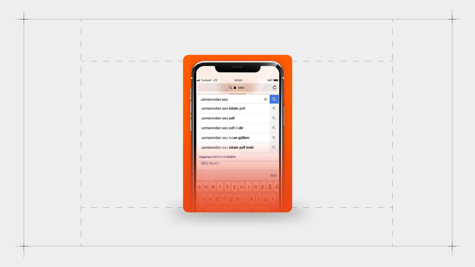 Telefon ekranında Google öneri listesi: 'uzmanından seo kitabı pdf' varyantları.