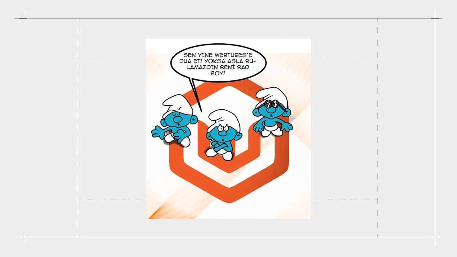 Webtures logosu üzerinde Şirinler karikatürü.