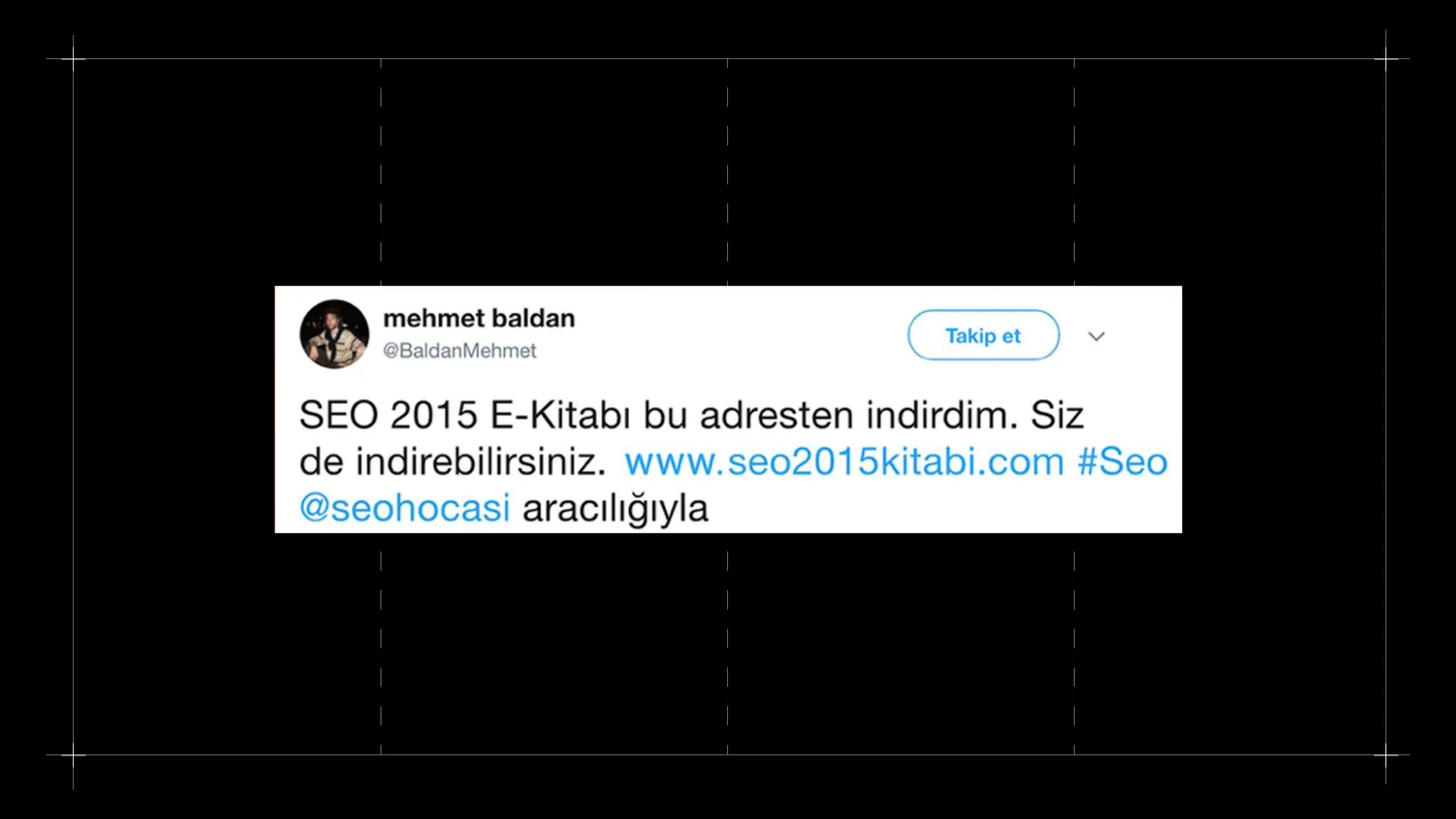 Bir kullanıcının 'SEO 2015 E-Kitabı bu adresten indirdim' tweet'inin ekran görüntüsü.