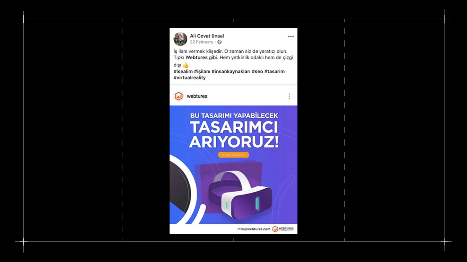 Facebook'ta paylaşılan Webtures ilanı: 'Bu tasarımı yapabilecek tasarımcı arıyoruz'.