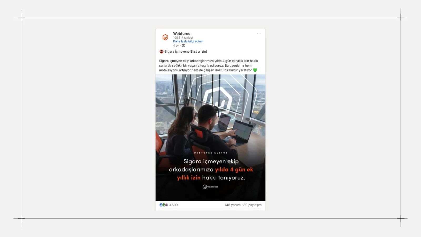 Webtures şirket hesabının ek izin uygulamasını anlatan LinkedIn gönderisinin ekran görüntüsü.