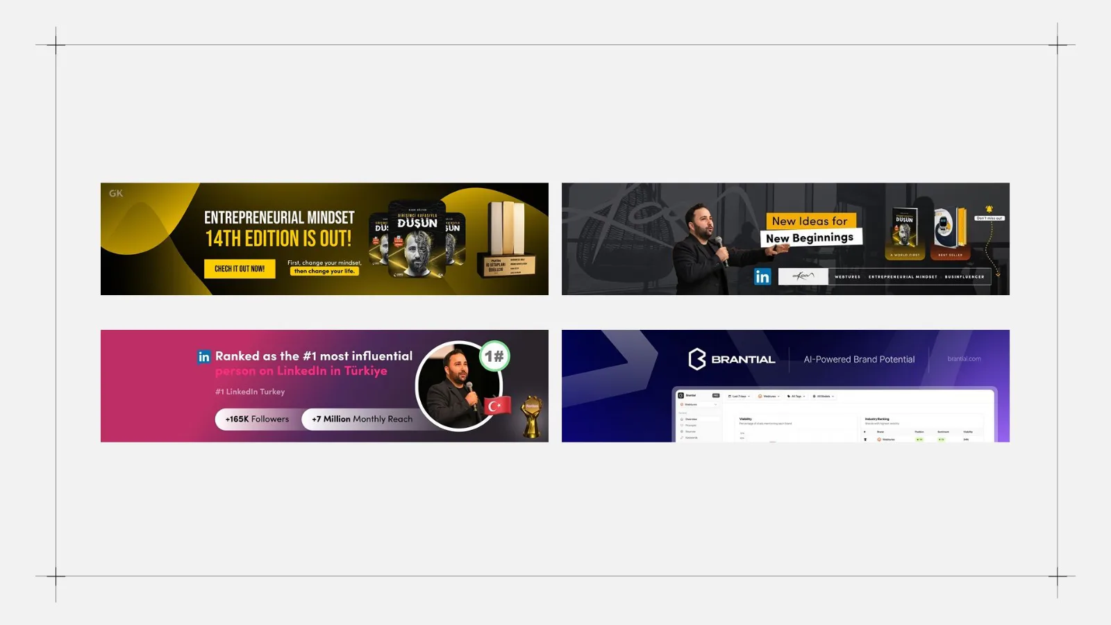 Dört LinkedIn kapak görseli örneği yan yana.