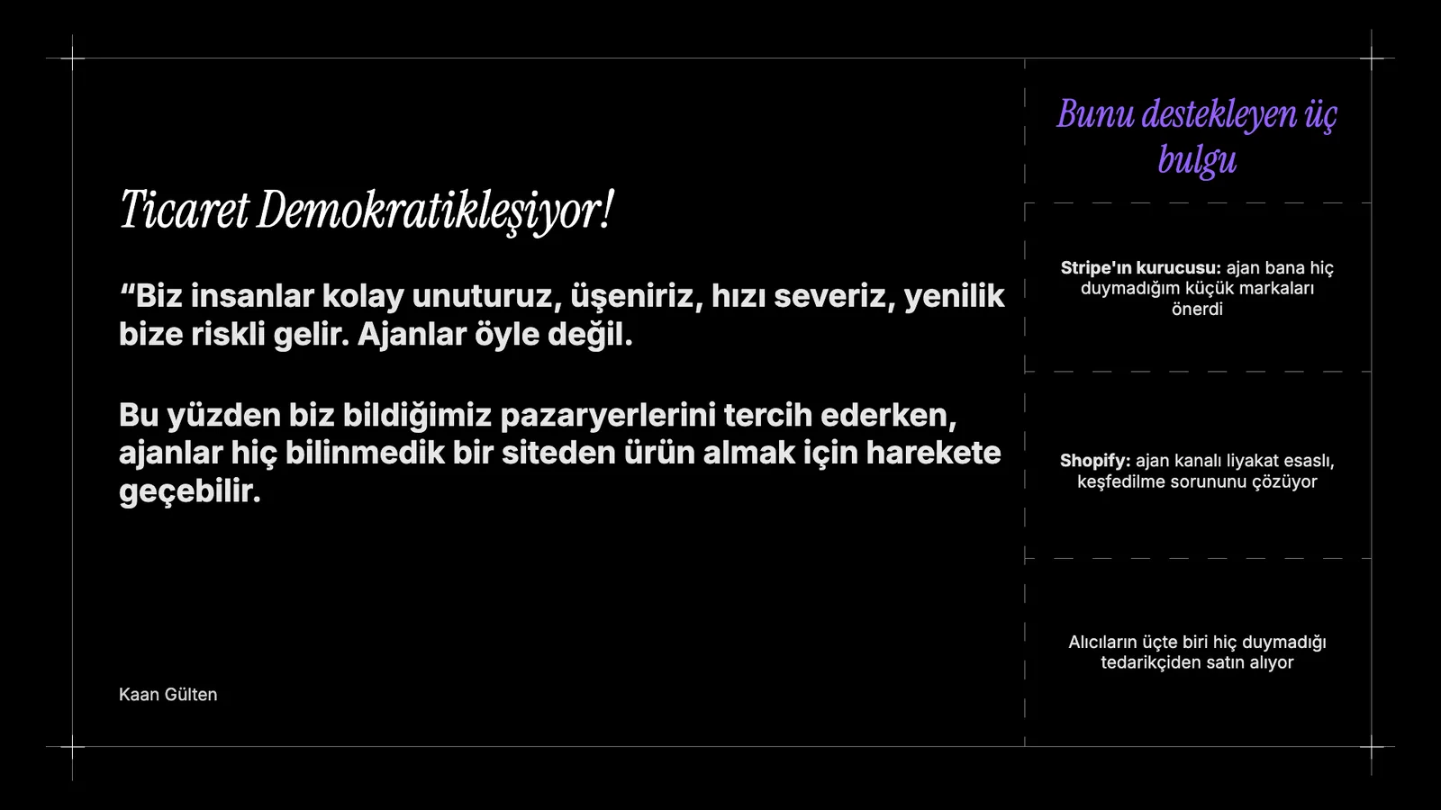 Koyu zeminde büyük alıntı ve sağda üç bulgu.