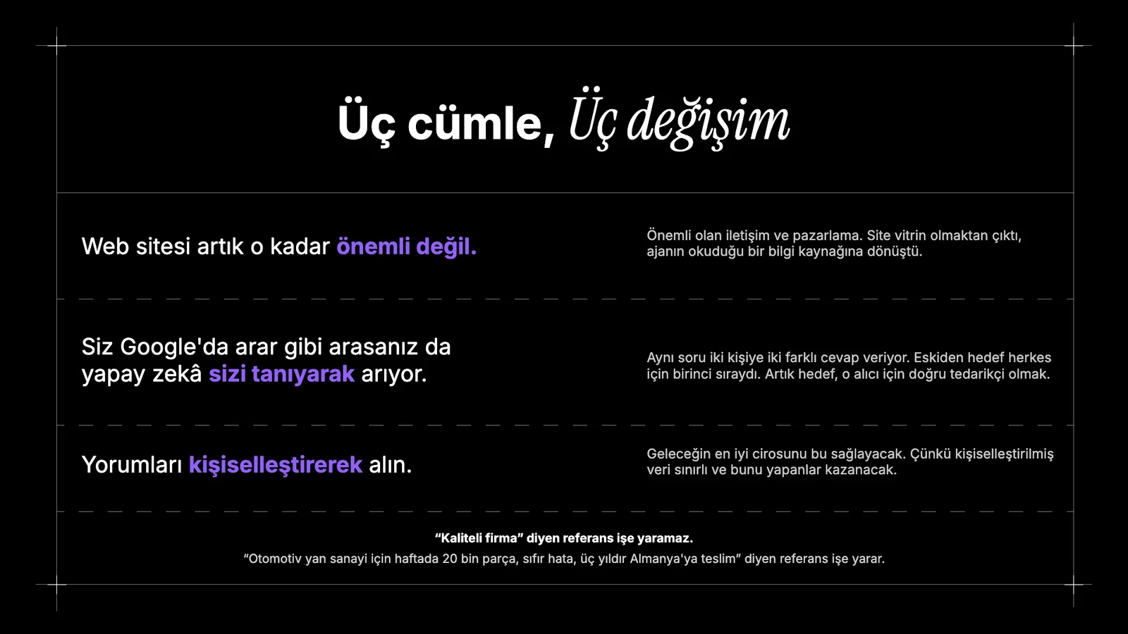 Koyu zeminde üç cümle ve karşılarında açıklamaları; altta iki referans örneği.