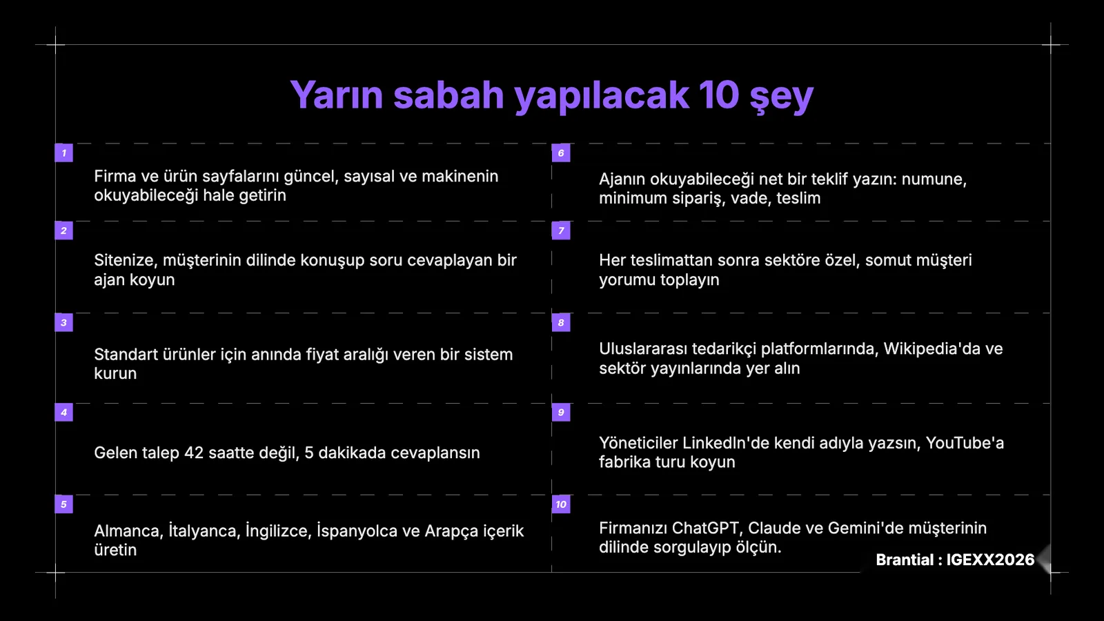 Koyu zeminde iki sütunda numaralı on madde; sağ altta Brantial IGEXX2026 notu.